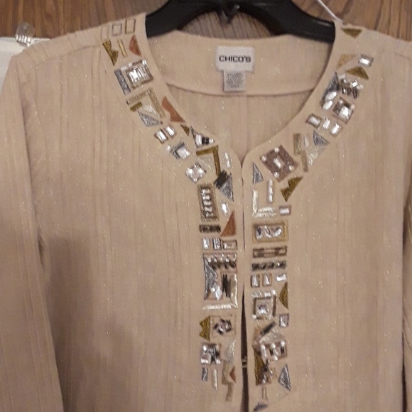Chico's tan beige & glittery top with faux stones - Picture 4 of 7